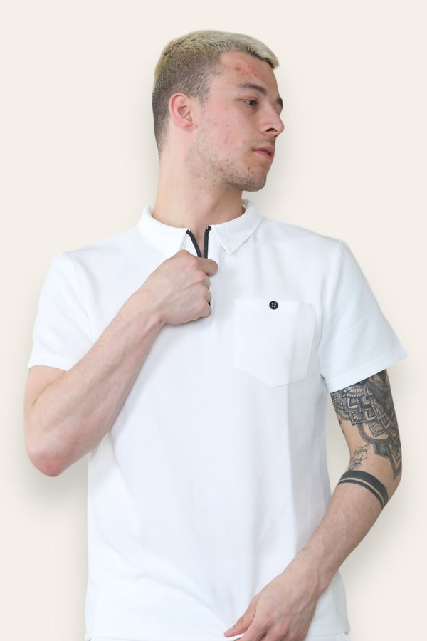 Mens White Waffle Pattern Polo Shirt and Short Set