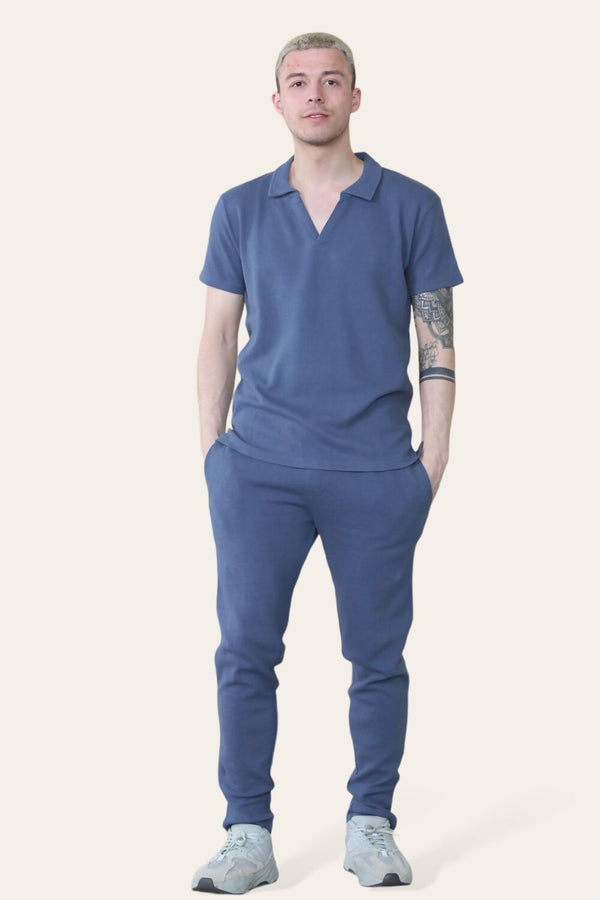 Mens Blue Waffle Pattern Polo Short Sleeve Shirt and Trouser Set