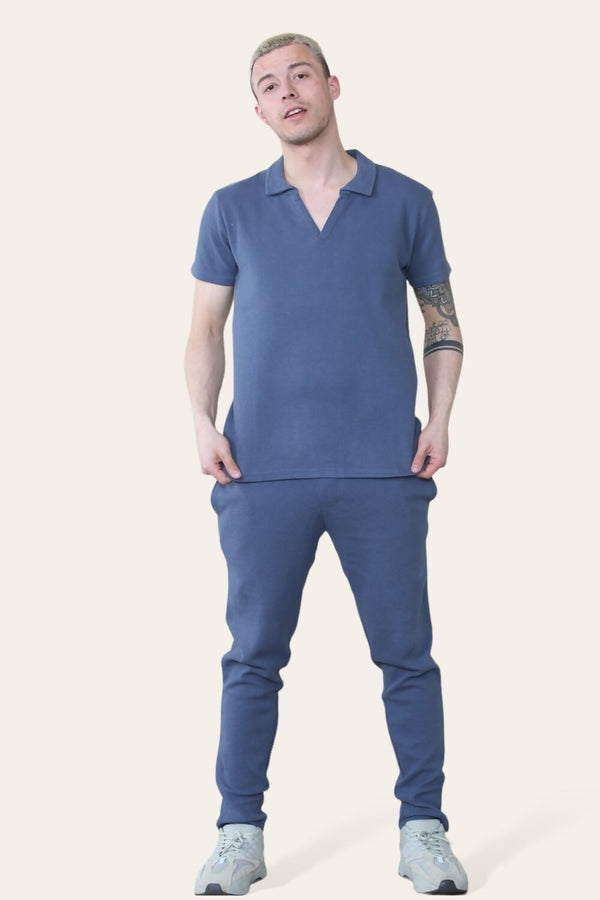Mens Blue Waffle Pattern Polo Short Sleeve Shirt and Trouser Set