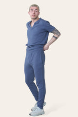 Mens Blue Waffle Pattern Polo Short Sleeve Shirt and Trouser Set