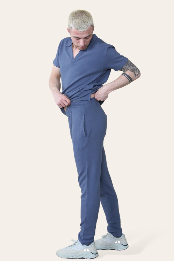 Mens Blue Waffle Pattern Polo Short Sleeve Shirt and Trouser Set