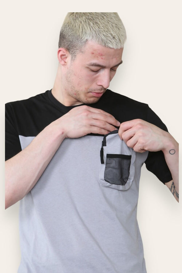 Mens Grey And Black T-Shirt With Mesh Pocket