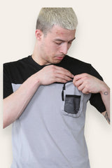 Mens Grey And Black T-Shirt With Mesh Pocket