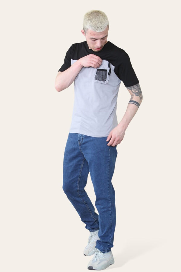 Mens Grey And Black T-Shirt With Mesh Pocket