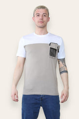 Mens Taupe And White T-Shirt With Mesh Pocket