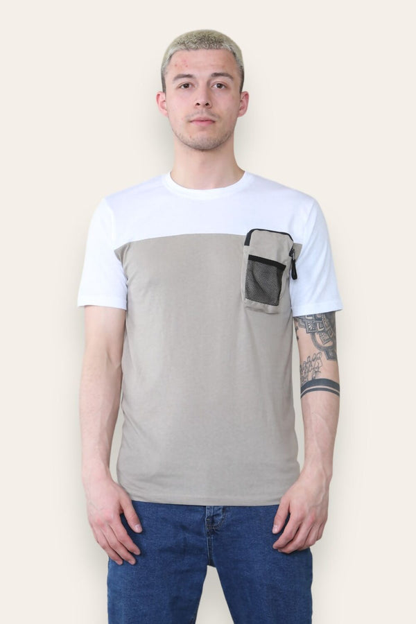 Mens Taupe And White T-Shirt With Mesh Pocket