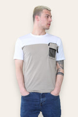 Mens Taupe And White T-Shirt With Mesh Pocket