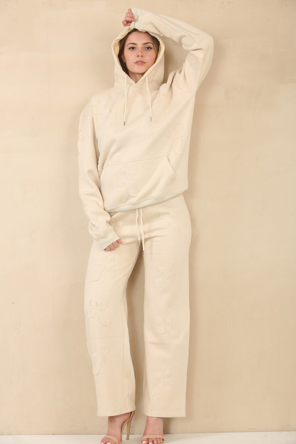 Beige Cross Crucifix Hoodie And Sweatpants Lounge Set