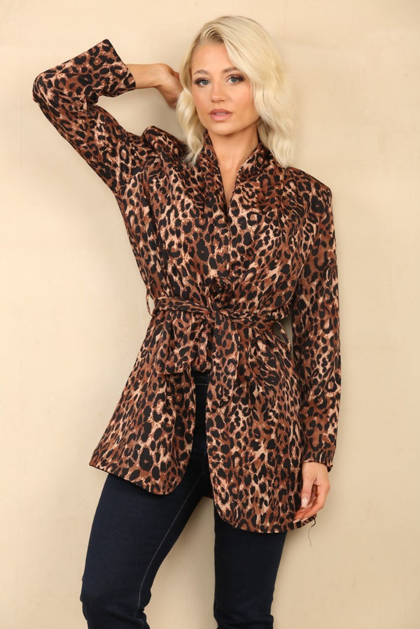  Leopard Cuff Print Belted Shawl Collar Blazer Jacket