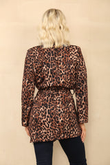  Leopard Cuff Print Belted Shawl Collar Blazer Jacket