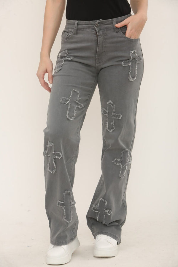 Grey Distressed Wide Leg Jeans with Cross Patch Detail