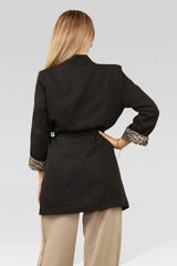 Black Leopard Cuff Print Belted Shawl Collar Blazer Jacket