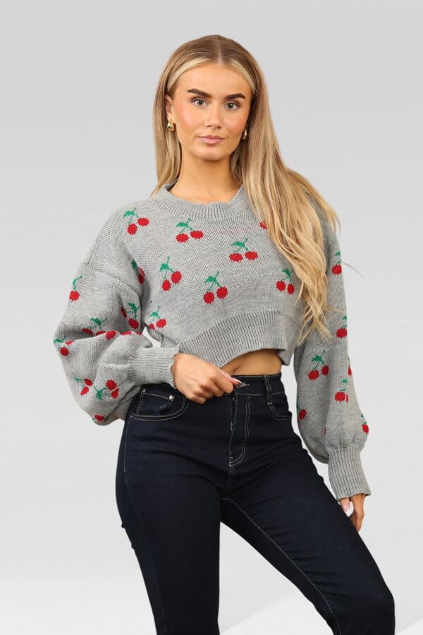 Grey Knitted Cherry Print Cropped Jumper