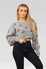 Grey Knitted Cherry Print Cropped Jumper