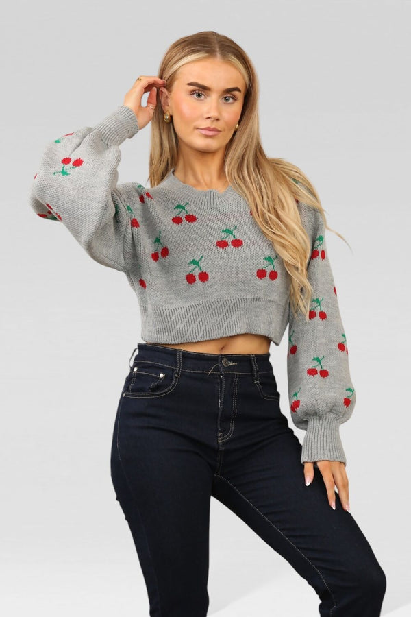 Grey Knitted Cherry Print Cropped Jumper