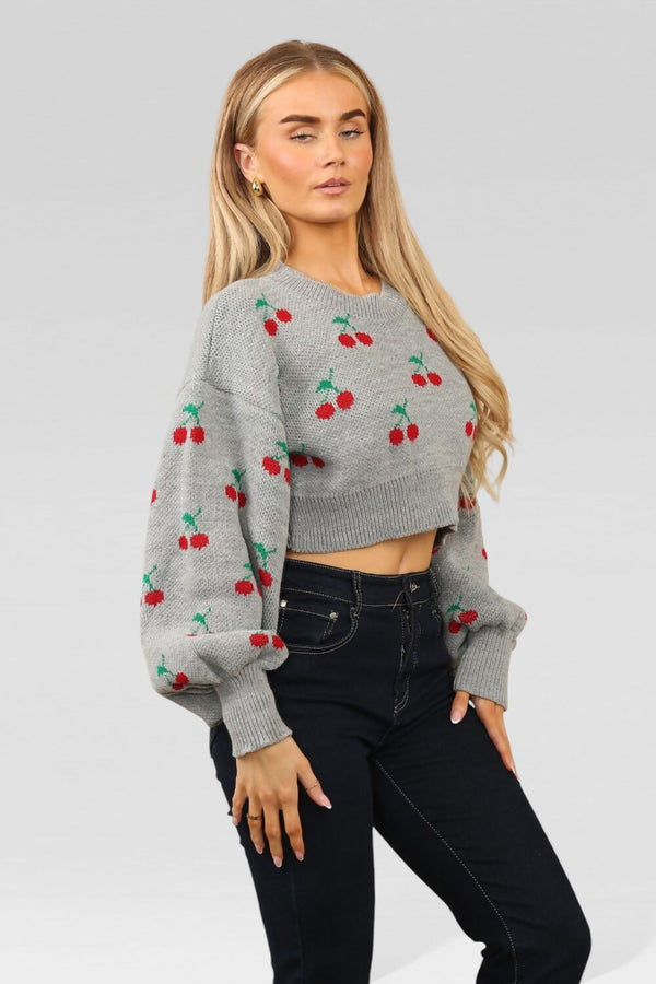 Grey Knitted Cherry Print Cropped Jumper