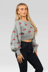 Grey Knitted Cherry Print Cropped Jumper