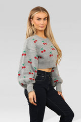 Grey Knitted Cherry Print Cropped Jumper