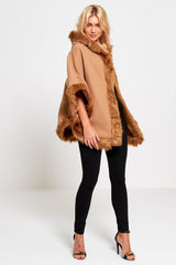 Beige Faux Fur Hooded Cape