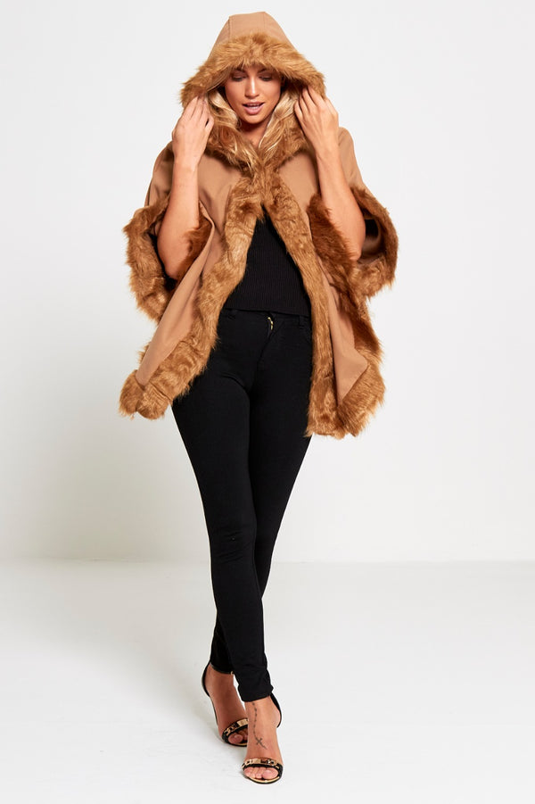 Beige Faux Fur Hooded Cape