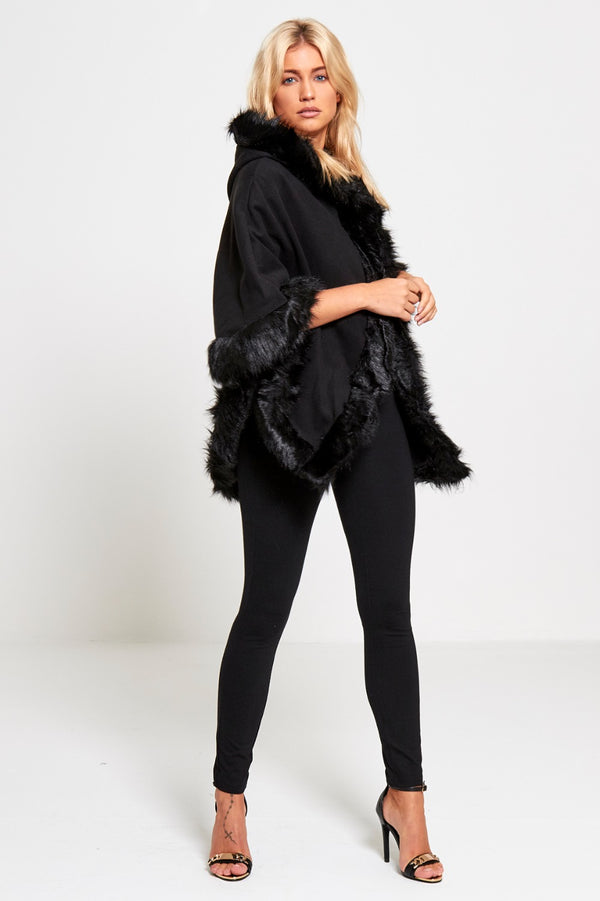 Black Faux Fur Hooded Cape  
