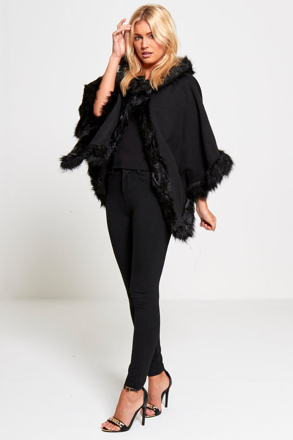 Black Faux Fur Hooded Cape  