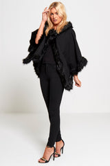 Black Faux Fur Hooded Cape  
