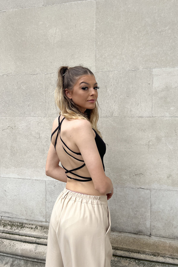Black Ruched Criss Cross Back Crop Top