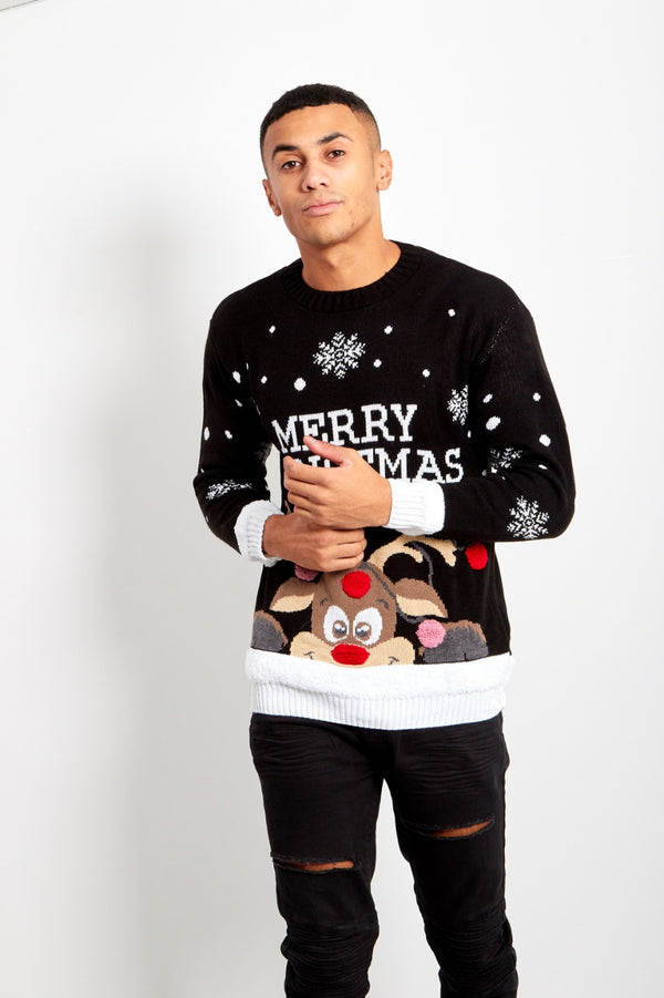 Mens Black Pom Reindeer Knitted Christmas Jumper