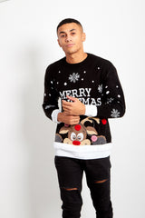 Mens Black Pom Reindeer Knitted Christmas Jumper