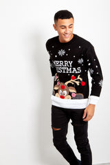 Mens Black Pom Reindeer Knitted Christmas Jumper