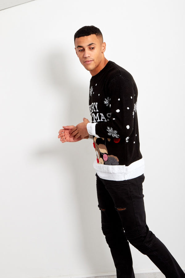 Mens Black Pom Reindeer Knitted Christmas Jumper