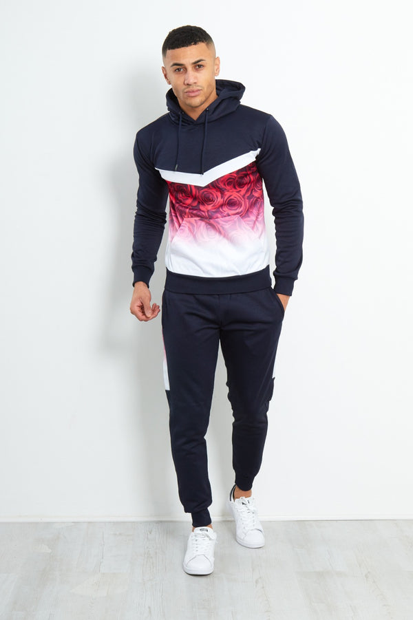 Navy Slim Fit Two Tone Rose Print Tracksuit 