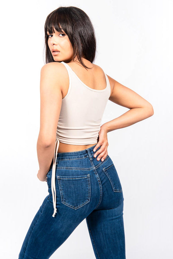 Beige Ribbed Ruched Side Crop Top