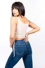 Beige Ribbed Ruched Side Crop Top