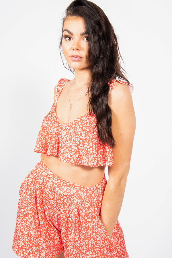 Red Printed Crop Top and Flippy Shorts Set 
