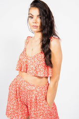Red Printed Crop Top and Flippy Shorts Set 