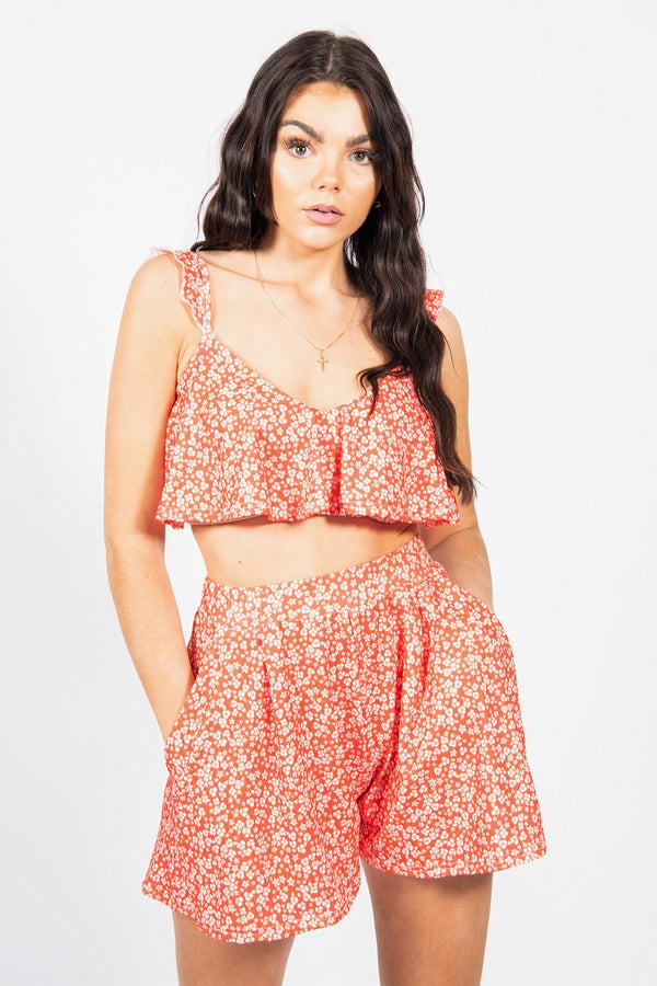 Red Printed Crop Top and Flippy Shorts Set 