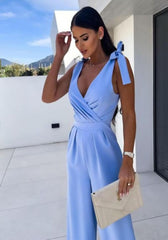 Sky Blue Sleeveless Crossbody With Shoulder Tie Jumpsuit -Copy