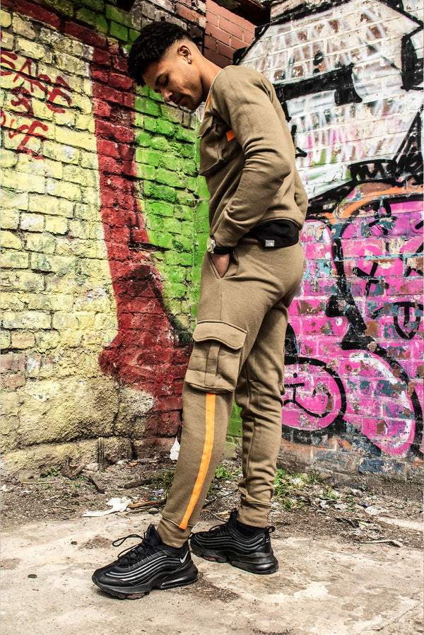 Mens Khaki Contrast Strap Cargo Tracksuit