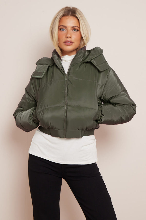 Khaki Short Zipper Up Hooded Puffer Coat