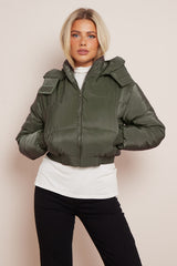 Khaki Short Zipper Up Hooded Puffer Coat