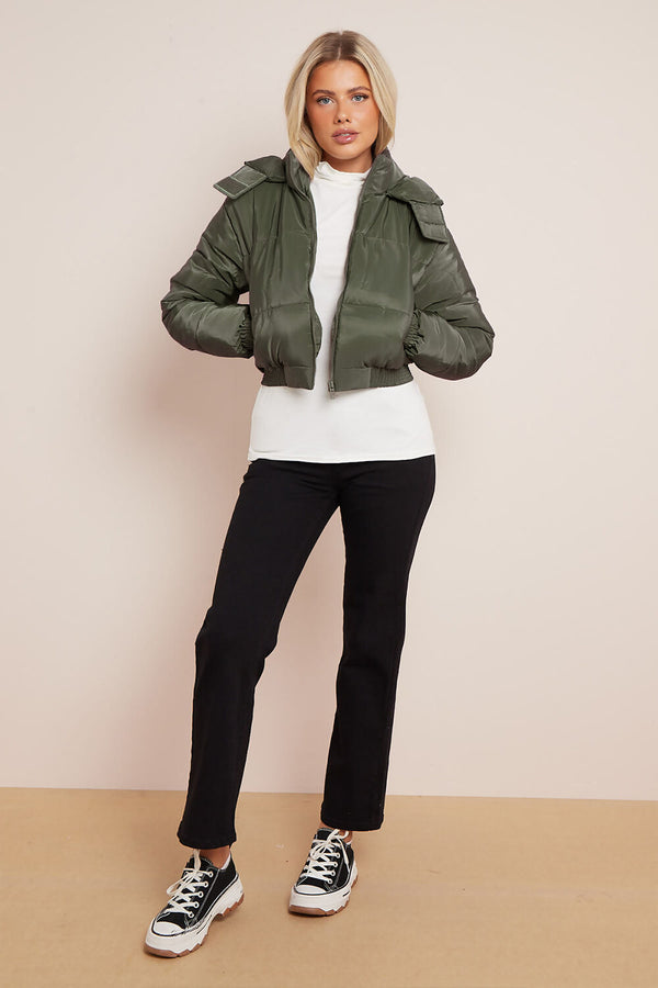 Khaki Short Zipper Up Hooded Puffer Coat