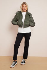 Khaki Short Zipper Up Hooded Puffer Coat