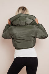 Khaki Short Zipper Up Hooded Puffer Coat
