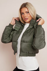 Khaki Short Zipper Up Hooded Puffer Coat