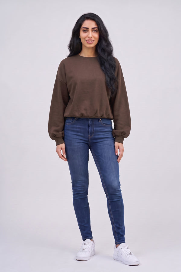 Chocolate Brown Oversized Relaxed-Fit Balloon-Sleeve Sweatshirt - Lily