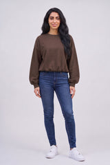 Chocolate Brown Oversized Relaxed-Fit Balloon-Sleeve Sweatshirt - Lily