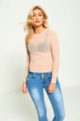 Pink Polka Dot Mesh Long Sleeve Top