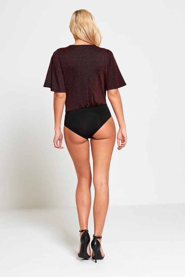 Wine Extreme Plunge Glitter Bodysuit